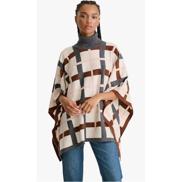 Naadam Sweaters - NAADAM Women's Soft Plaid Jacquard Poncho Cream Brown Pink 100% Cashmere